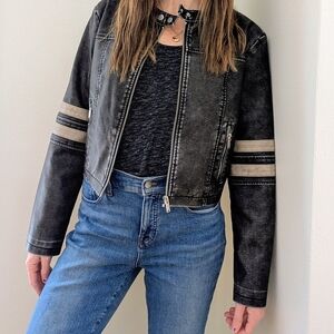 NWT Faux Leather Striped Cropped Collared Jacket In Black/Ivory